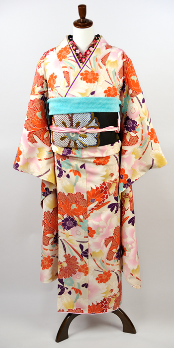 撫松庵 洗える振袖牡丹に菊と桜 ピンク   着物/紬/名古屋帯/和雑貨